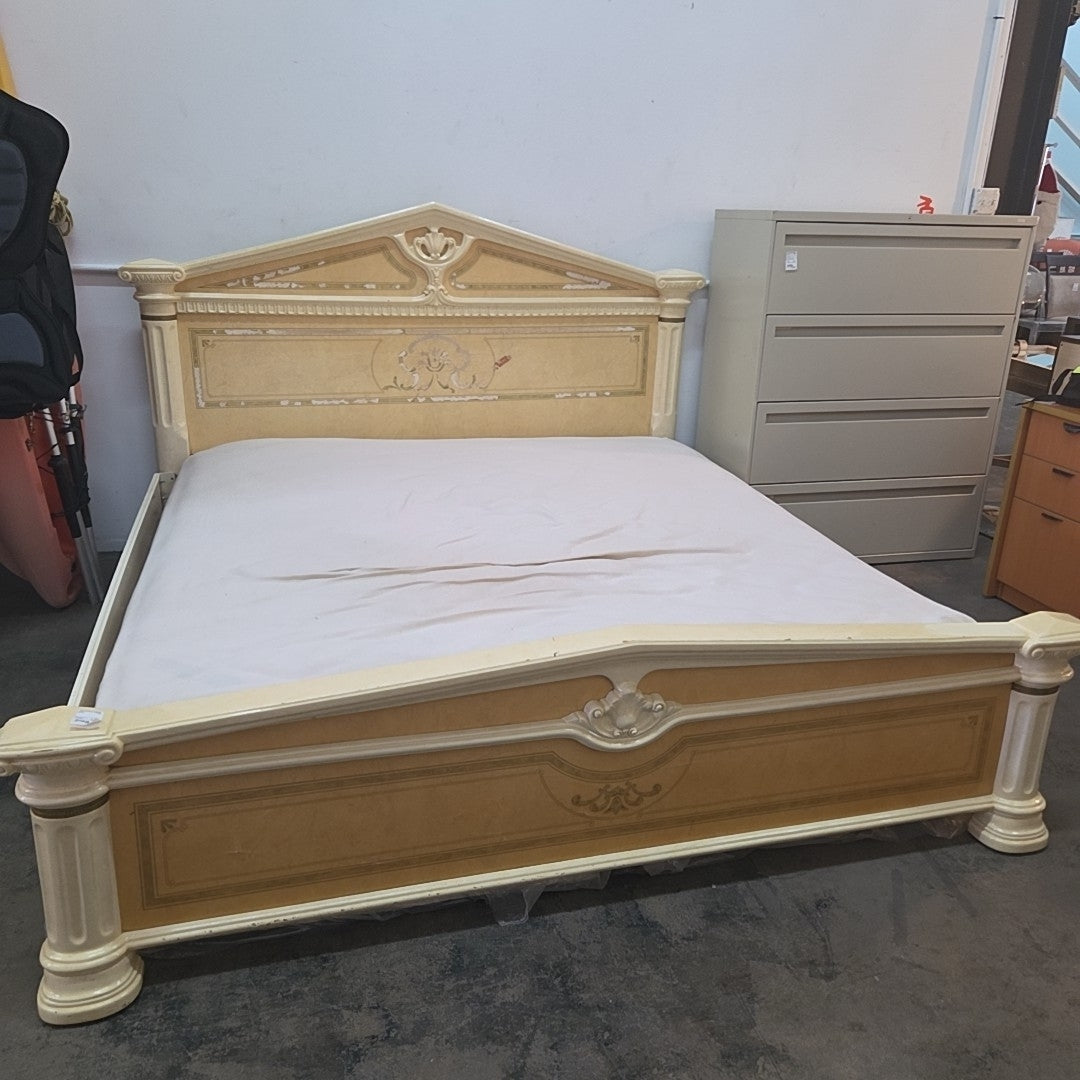 king bed frame, mattress, 2 box spring
