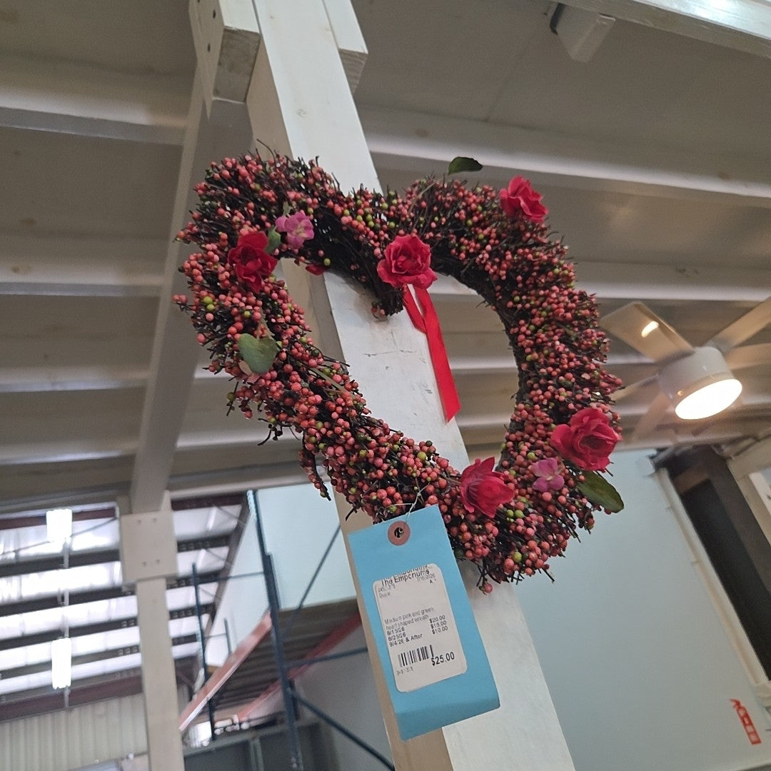 Medium pink and green heart shaped wreath
