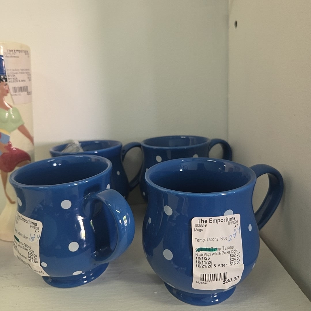 SET of 4 Temp-Tations Blue with white Polka Dots Mugs