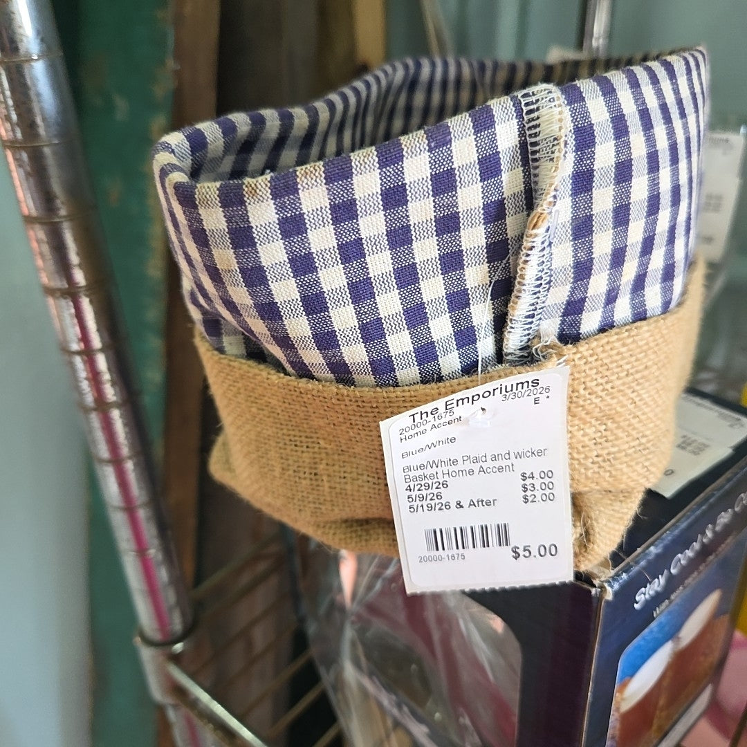 Blue/White Plaid and wicker Basket Home Accent